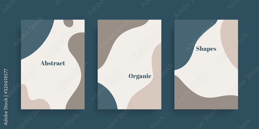 Vector set of minimal backgrounds with abstract organic shapes and sample text. Contemporary collage. Design for posters, flyers, greeting cards, packaging, branding and wedding invitations - obrazy, fototapety, plakaty 