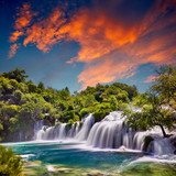 Beautiful Skradinski Buk Waterfall In Krka National Park - Dalmatia Croatia, Europe. Beautiful long exposure panorama of waterfalls (milk effect). A true natural wonder. Amaizing sunlight view.