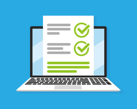 Online form survey on laptop. Vector illustration. Flat style design