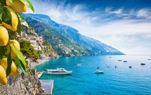 Beautiful Positano With Comfortable Beaches And Blue Sea On Amalfi Coast In Campania, Italy.