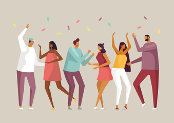 Wall Mural - Characters collection. Set of people having fun at a party. Cartoon vector illustration in flat design style. Young and beautiful boys and girls celebrate, dancing, having fun.