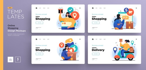 Website template designs. Web page layouts with modern business concepts illustrations. Online Shopping and delivery concepts