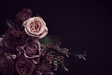 Beautiful Bouquet On Black Background, Space For Text. Floral Card Design With Dark Vintage Effect