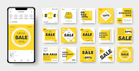 Poster - Vector banner template with yellow, black and white geometric patterns, square, circle, rhombus and cross for discounts and mega sales.
