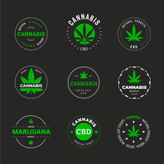 Poster - Vector label design with marijuana leaf. Template of icons and emblems of medical green indica and sativa in a circle.