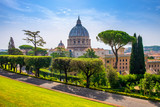 Rome, Vatican City, Italy - Panoramic view of St. Peter’s Basilica - Basilica di San Pietro in Vaticano - main dome by Michelangelo Buonarotti seen from the Vatican Gardens in the Vatican City State