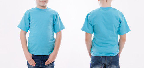 Shirt design and people concept - close up of young man in blank blue tshirt front and rear isolated. Mock up template for design print