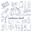 Doodle set medicine chest – first aid kit, drugs, tablets, pills, bandage, bottle, infrared thermometer, scissors, ointments, sprays, drops, band-aid, syrups, hand-drawn. Vector sketch illustration.