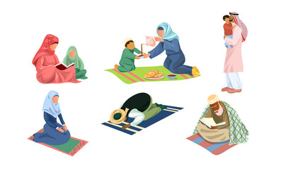 Wall Mural - Arabic muslim families and people doing everyday things vector illustration