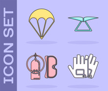Set Gloves, Parachute, Diving Mask And Aqualung And Hang Glider Icon. Vector