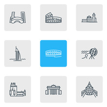 Vector Illustration Of 9 Culture Icons Line Style. Editable Set Of North Cape, Arena Di Verona, Colosseum And Other Icon Elements.