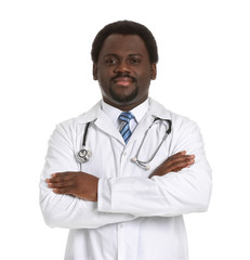 Male African-American doctor on white background