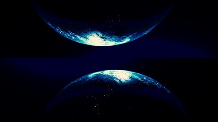 Poster - Abstract breathtaking cosmic background with the two halves of planet Earth, seamless loop. Animation. Realistic world globe spinning slowly in outer space.