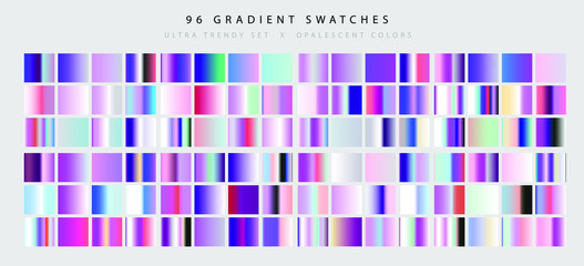Wall Mural - Big set of trendy holographic gradient swatches. Opalescent neon gradient collection for web design and art.