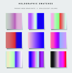 Poster - Big set of trendy holographic gradient swatches. Opalescent neon gradient collection for web design and art.