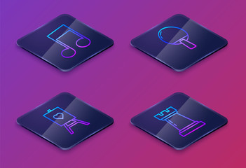 Sticker - Set Isometric line Music note, tone, Wood easel or painting art boards, Racket for playing table tennis and Chess symbol. Blue square button. Vector