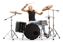 Bald Man Musician Playing Drums