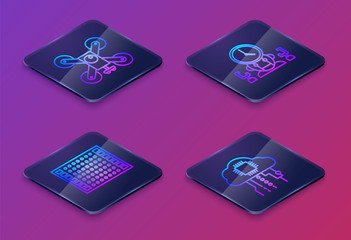 Poster - Set Isometric line Drone flying with action camera, Printed circuit board PCB, Robot and digital time manager and Internet of things. Blue square button. Vector