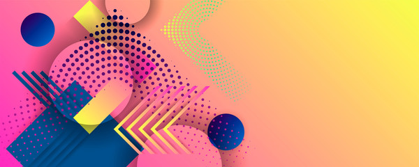 Wall Mural - Bright juicy colors background with geometric elements, lines and dots for text, universal design, banner concept