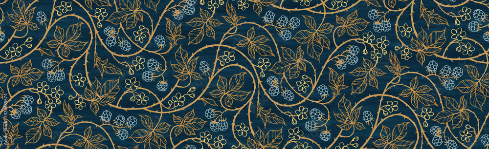 Floral botanical blackberry vines seamless repeating wallpaper pattern- rich gold and royal blue version - obrazy, fototapety, plakaty 