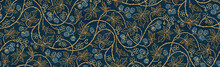 Floral Botanical Blackberry Vines Seamless Repeating Wallpaper Pattern- Rich Gold And Royal Blue Version