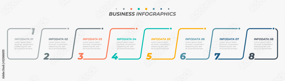 Thin line Infographic label design with number options.Timeline with 8 steps or process. Vector business template for workflow diagram, info chart, annual report, presentation. - obrazy, fototapety, plakaty 