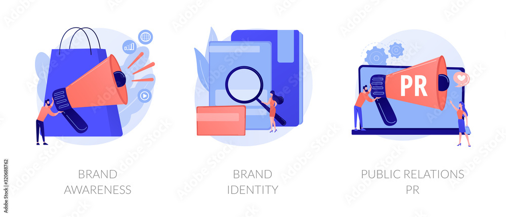 Commercial advertising service, company recognition, public relations management icons set. Brand awareness, brand identity, pr metaphors. Vector isolated concept metaphor illustrations - obrazy, fototapety, plakaty 