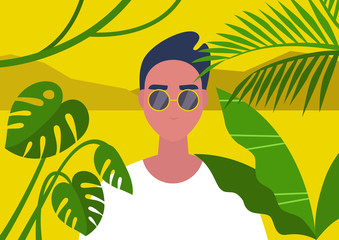 Jungle nature, travel destinations, A portrait of a young male character framed by tropical plant leaves