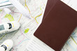 © Saichol - Concept travel transportation with airplane and train on map.