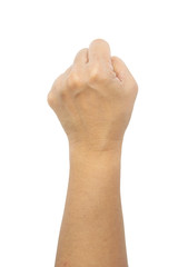 Female hand showing black hand fist on white background