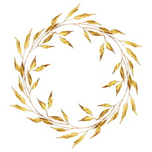 Luxury Gold Leaves Wreath. Decorative Round Frame Isolated On White