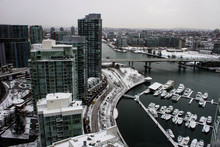 Cityscape View Winter Snow Covered Mountains Marina Skyscrapers