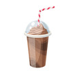 Colorful fruit milkshake design. Plastic cup with lid and straw, full of chocolate milk shake. Vector illustration cartoon flat icon isolated on white.