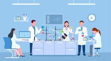Scientists In Lab. Scientist People Wearing Lab Coats, Science Researches And Chemical Laboratory Experiments. Chemistry Laboratories, Microbiology Research. Vector Illustration In Flat Style.