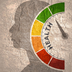 Color scale with arrow from red to green. The health level measuring device icon. Sign tachometer, speedometer, indicators. Colorful infographic gauge element. Head of man silhouette.