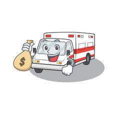 Sticker - Happy rich ambulance cartoon character with money bag