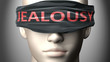 Jealousy can make things harder to see or makes us blind to the reality - pictured as word Jealousy on a blindfold to symbolize denial and that Jealousy can cloud perception, 3d illustration