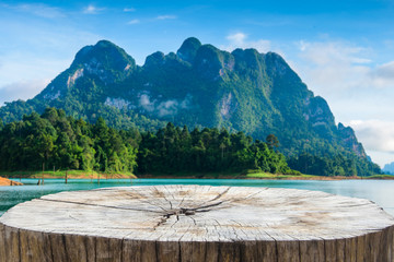 Wall Mural - wooden terrace and beautiful rice field landscape with blue sky and cloud.