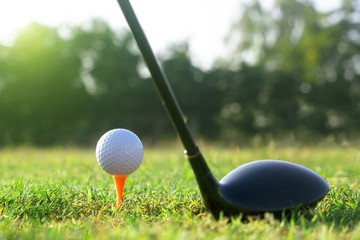 Golf clubs and golf balls on a green lawn in a beautiful golf course