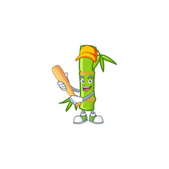 Poster - Sporty smiling bamboo stick cartoon mascot with baseball