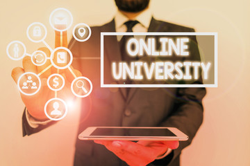 Poster - Text sign showing Online University. Business photo text provides education programs through electronic media