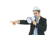 © Thanadol - Smart businessman in suit with safety helmet holding megaphone and pointing isolated on white background