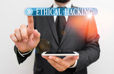 Poster - Word writing text Ethical Hacking. Business photo showcasing act of locating weaknesses and vulnerabilities of computer Male human wear formal work suit hold smart hi tech smartphone use one hand