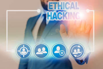 Poster - Writing note showing Ethical Hacking. Business concept for act of locating weaknesses and vulnerabilities of computer