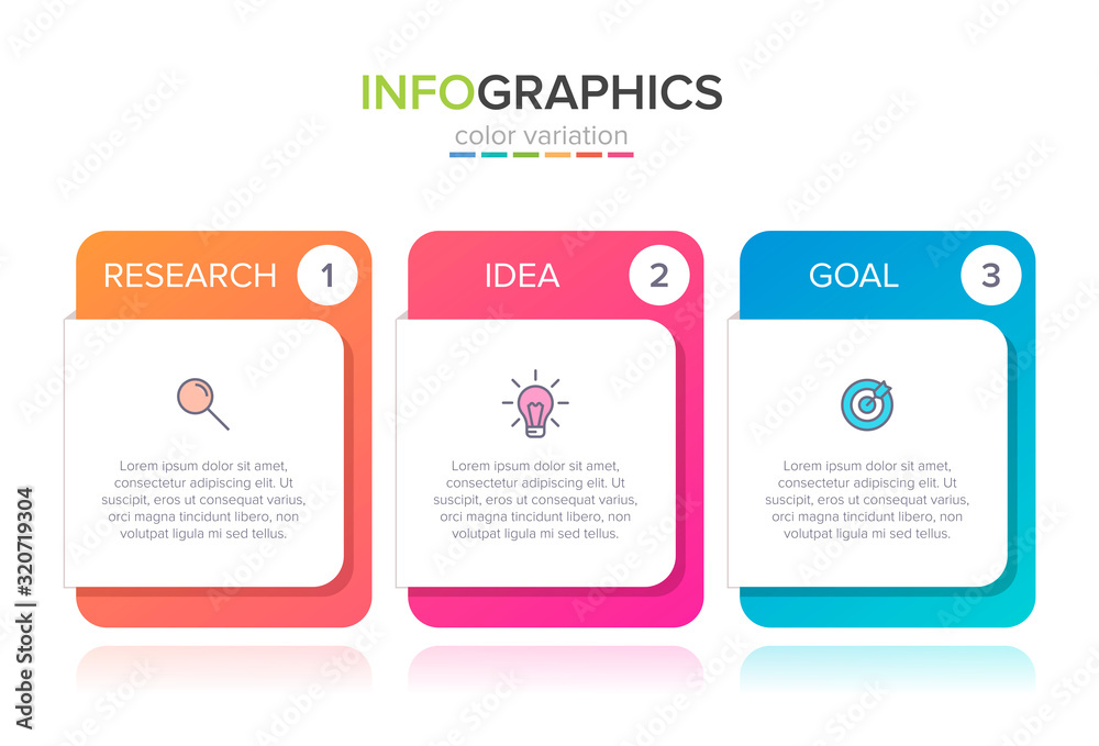 Concept of arrow business model with 3 successive steps. Three colorful graphic elements. Timeline design for brochure, presentation. Infographic design layout. - obrazy, fototapety, plakaty 