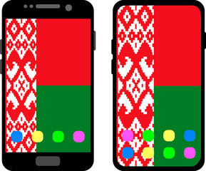 Two black smartphones with a home screen and wallpaper with the flag of Belarus: old model with gray buttons and new model without buttons. Vector graphics, illustration