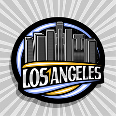 Wall Mural - Vector logo for Los Angeles, dark decorative round stamp with draw illustration of contemporary cityscape on dusk sky background, tourist fridge magnet with creative brush letters for word los angeles