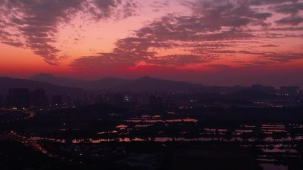 Sticker - Aerial View of rural green fields in Hong Kong border and skylines in Shenzhen, China