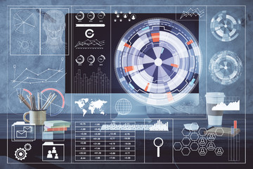technology theme drawing and table with computer. double exposure. concept of information.