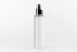 © finepoints - Tall transparent spray dispenser bottle for cosmetics product with liquid on white background, mock up for branding, advertising, presentation, design.